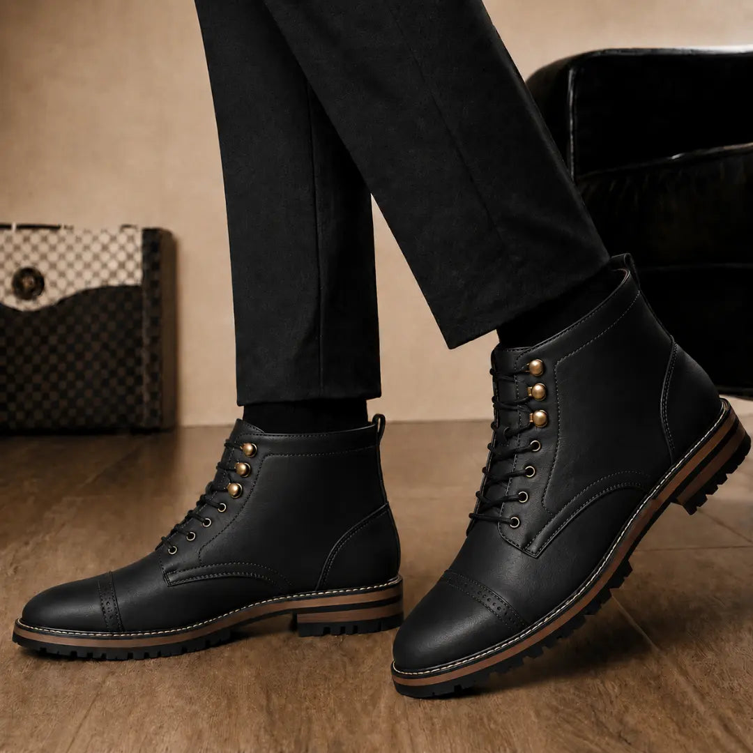 Melodiapelle Miranda Cap Toe Heritage Boot in black leather worn with trousers, on-feet shot