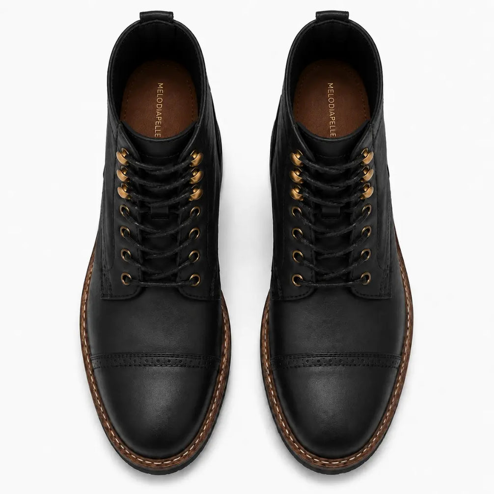 Melodiapelle Miranda Cap Toe Heritage Boot in black leather, pair top-down view, handcrafted in Agra