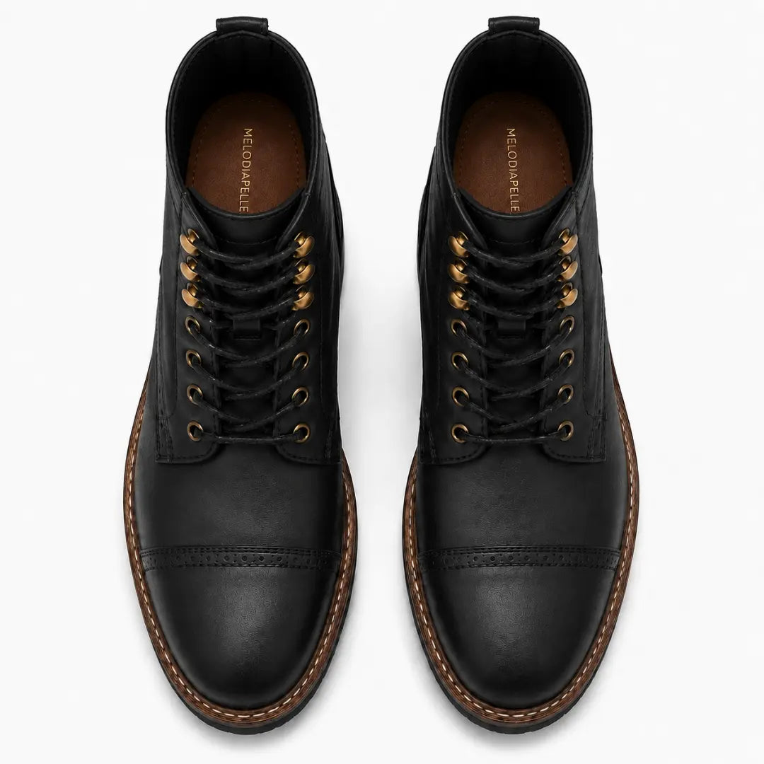 Melodiapelle Miranda Cap Toe Heritage Boot in black leather, pair top-down view, handcrafted in Agra