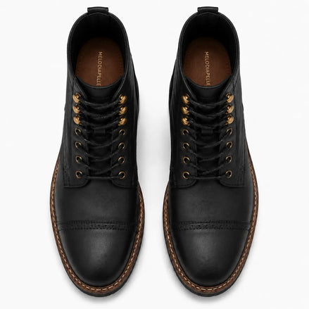 Melodiapelle Miranda Cap Toe Heritage Boot in black leather, pair top-down view, handcrafted in Agra