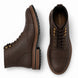 Dark brown waxed leather heritage boot, three-quarter angle showing cap-toe and heel detailing