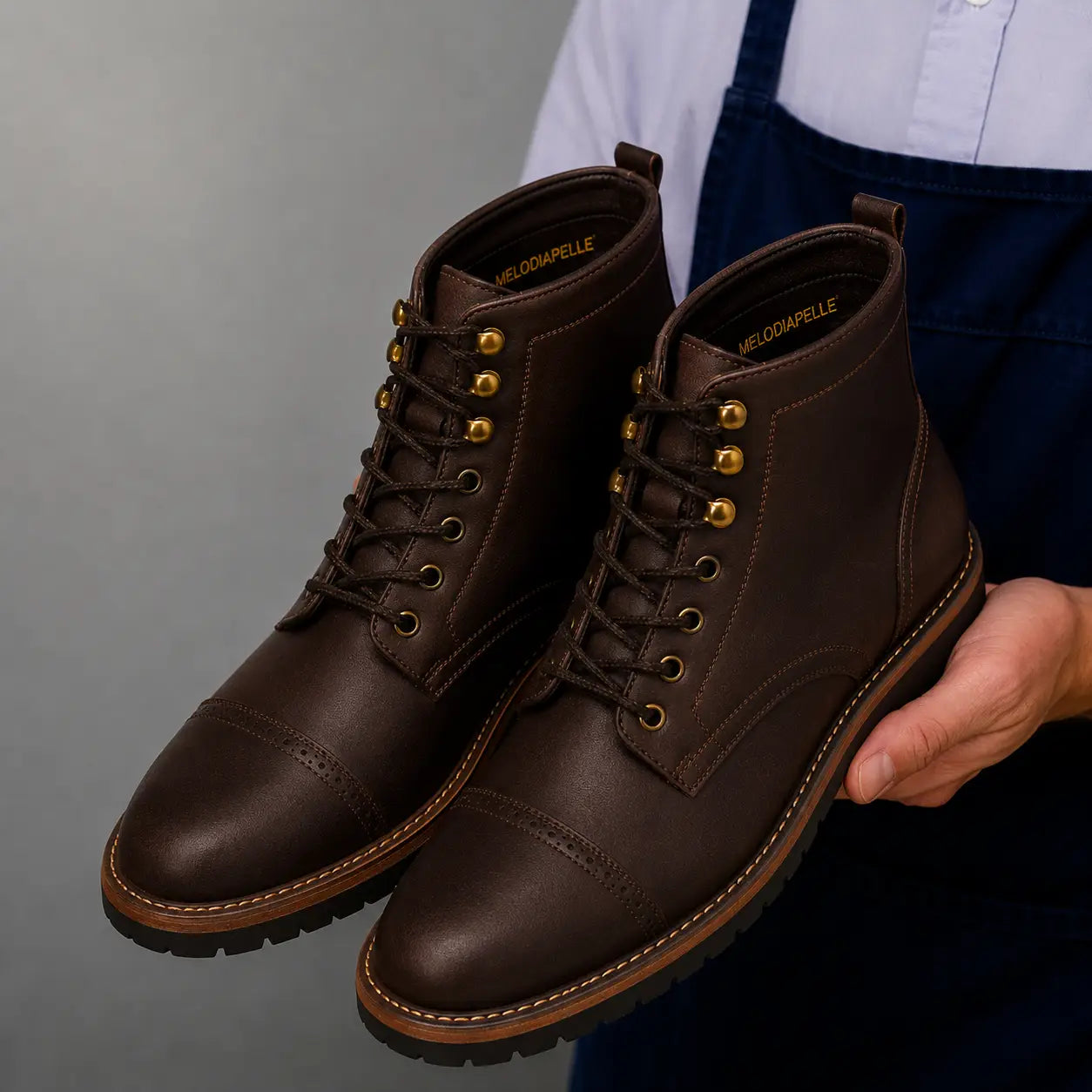 Man holding a pair of Melodiapelle Miranda Cap Toe Heritage Boots in dark brown waxed leather, close-up