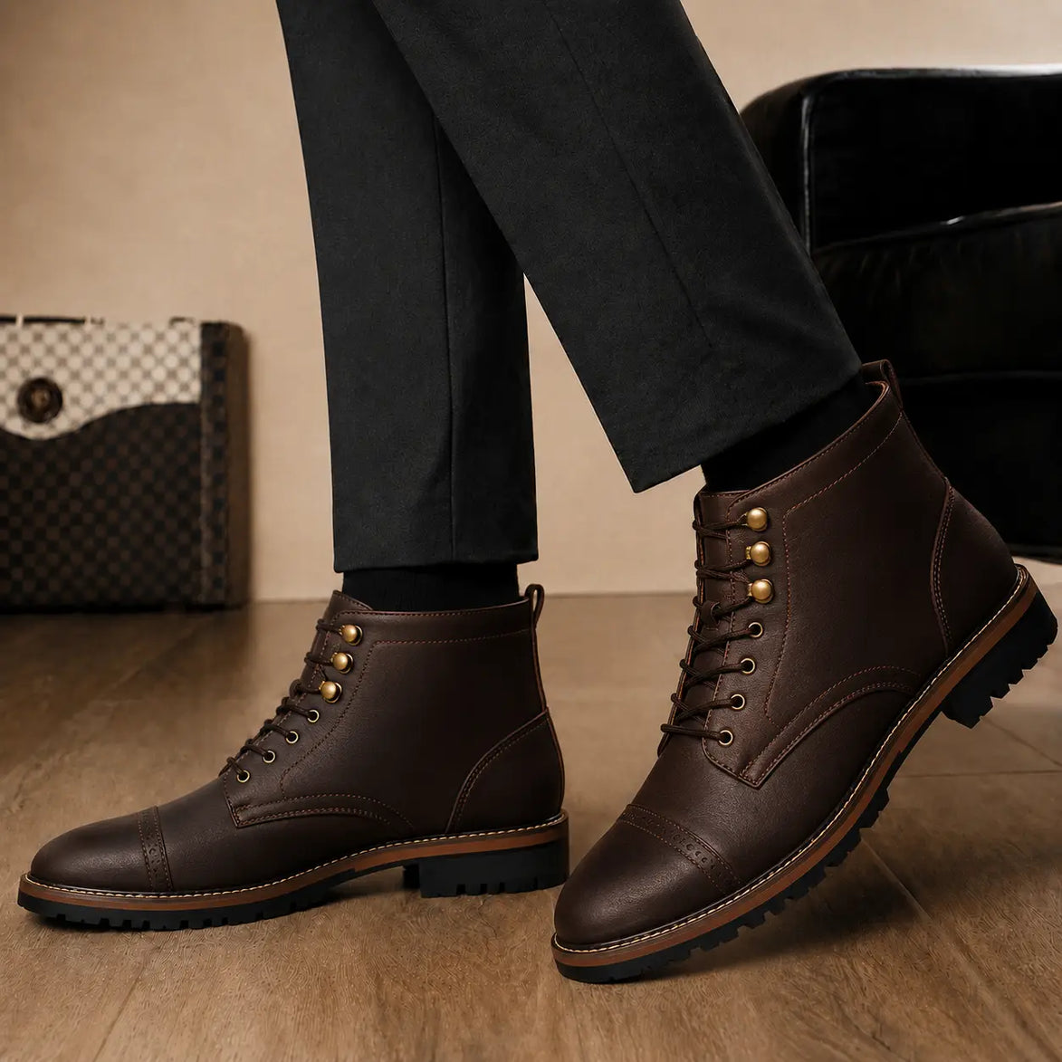 Melodiapelle Miranda Cap Toe Heritage Boot in dark brown waxed leather worn with trousers, on-feet shot