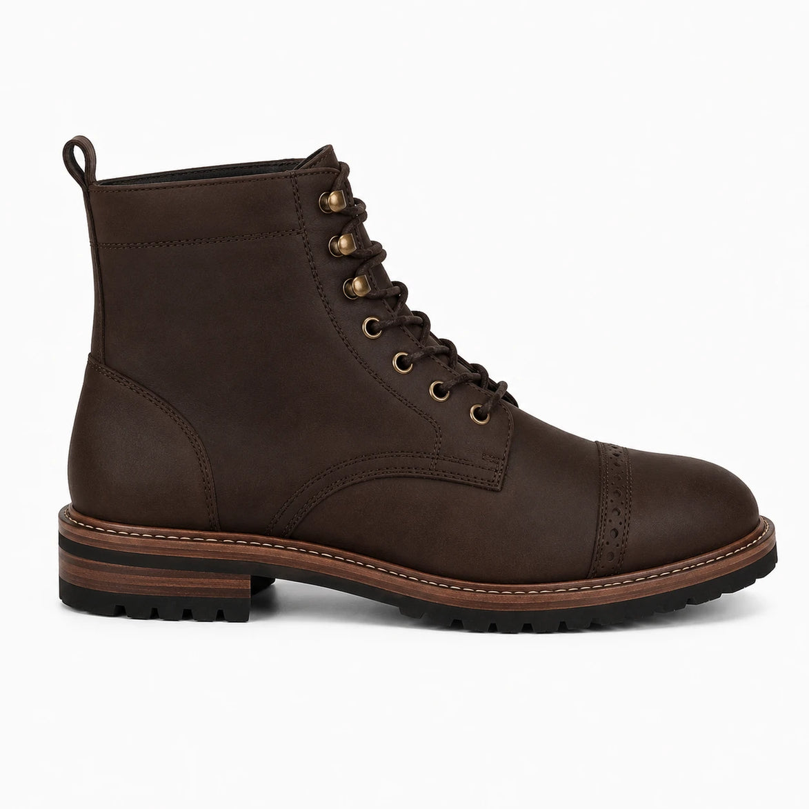 Side profile of the Miranda Cap Toe Heritage Boot in dark brown waxed leather on white background