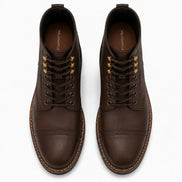 Melodiapelle Miranda Cap Toe Heritage Boot in dark brown waxed leather, pair top-down view, handcrafted in Agra