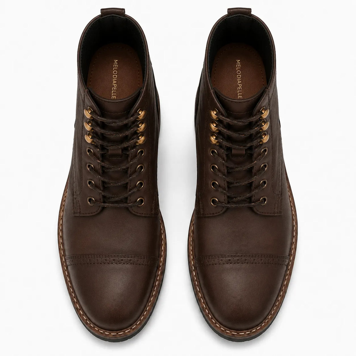 Melodiapelle Miranda Cap Toe Heritage Boot in dark brown waxed leather, pair top-down view, handcrafted in Agra
