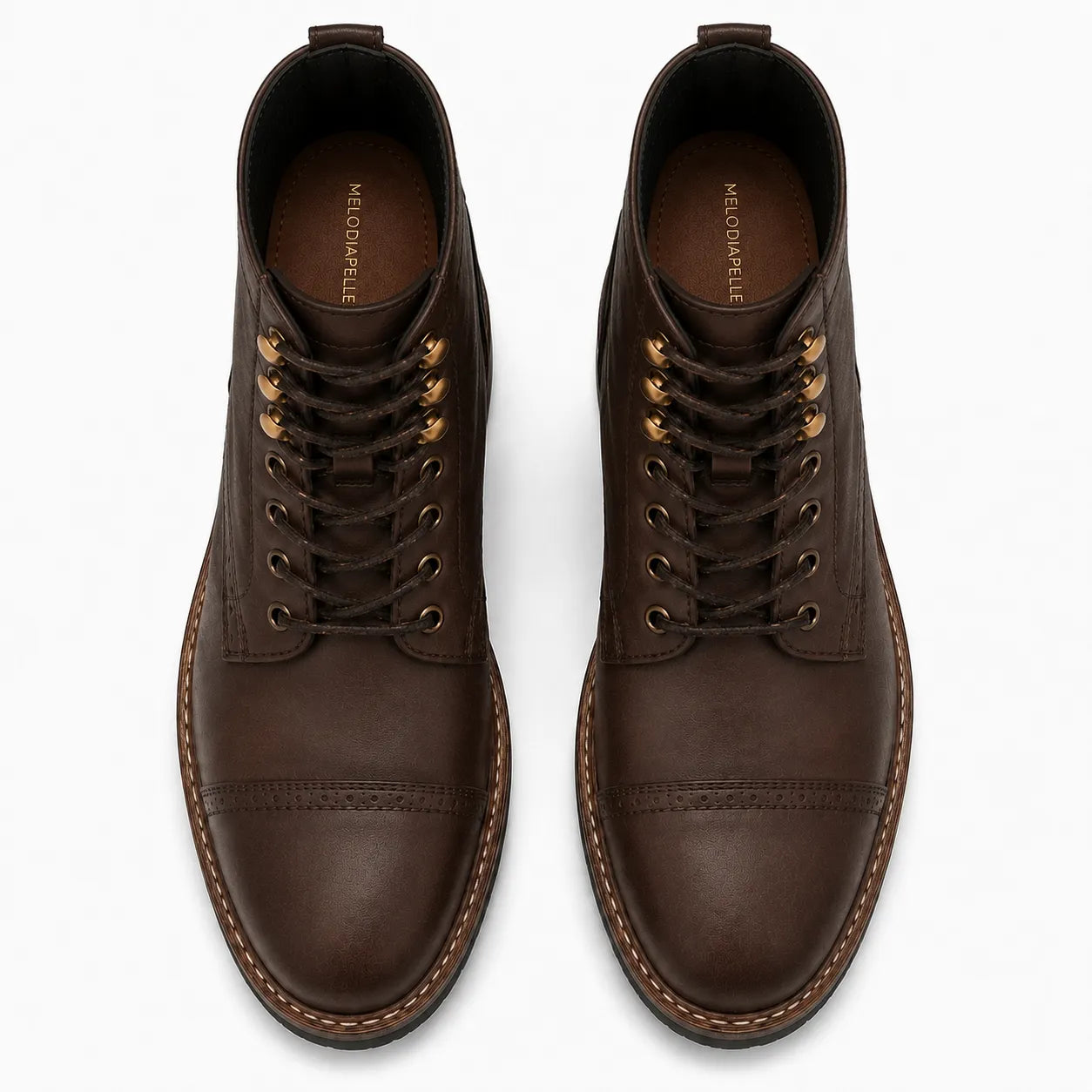 Melodiapelle Miranda Cap Toe Heritage Boot in dark brown waxed leather, pair top-down view, handcrafted in Agra