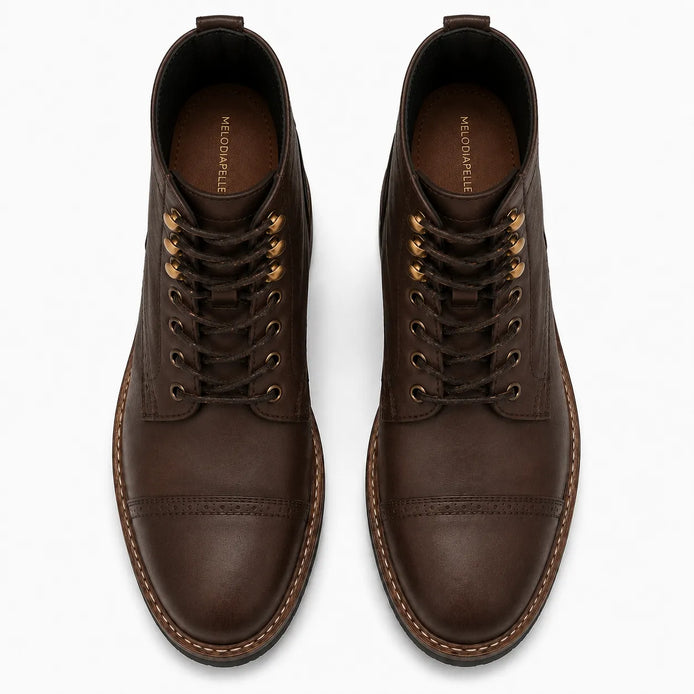 Melodiapelle Miranda Cap Toe Heritage Boot in dark brown waxed leather, pair top-down view, handcrafted in Agra