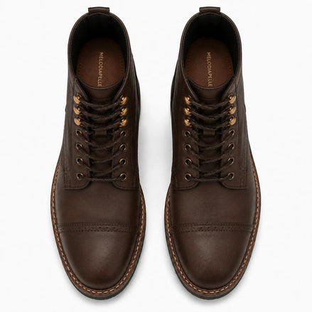 Melodiapelle Miranda Cap Toe Heritage Boot in dark brown waxed leather, pair top-down view, handcrafted in Agra