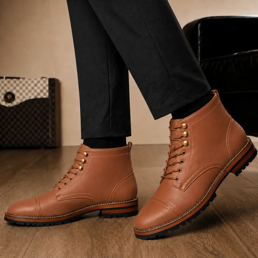 Melodiapelle Miranda Cap Toe Heritage Boot in tan leather worn with trousers, on-feet shot