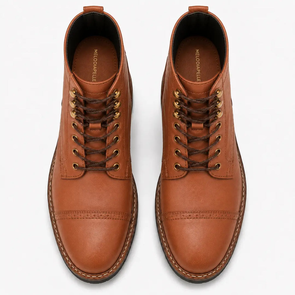 Melodiapelle Miranda Cap Toe Heritage Boot in tan leather, pair top-down view, handcrafted in Agra
