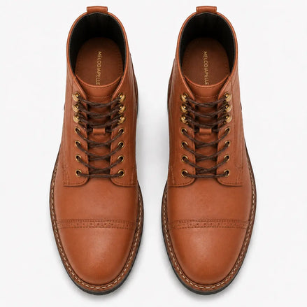 Melodiapelle Miranda Cap Toe Heritage Boot in tan leather, pair top-down view, handcrafted in Agra