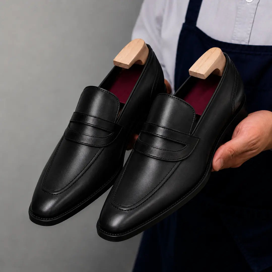 Man holding a pair of Melodiapelle Mirasol Two-Tone Dress Loafer shoes in black leather, close-up