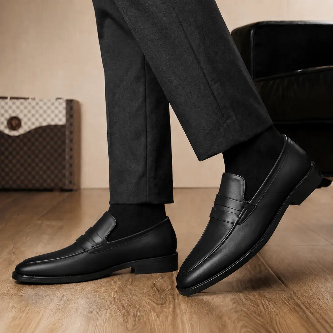 Melodiapelle Mirasol Two-Tone Dress Loafer in black leather worn with formal trousers, on-feet shot