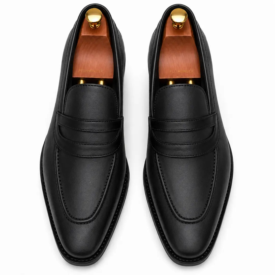 Melodiapelle Mirasol Two-Tone Dress Loafer in black leather, pair top-down view, handcrafted in Agra