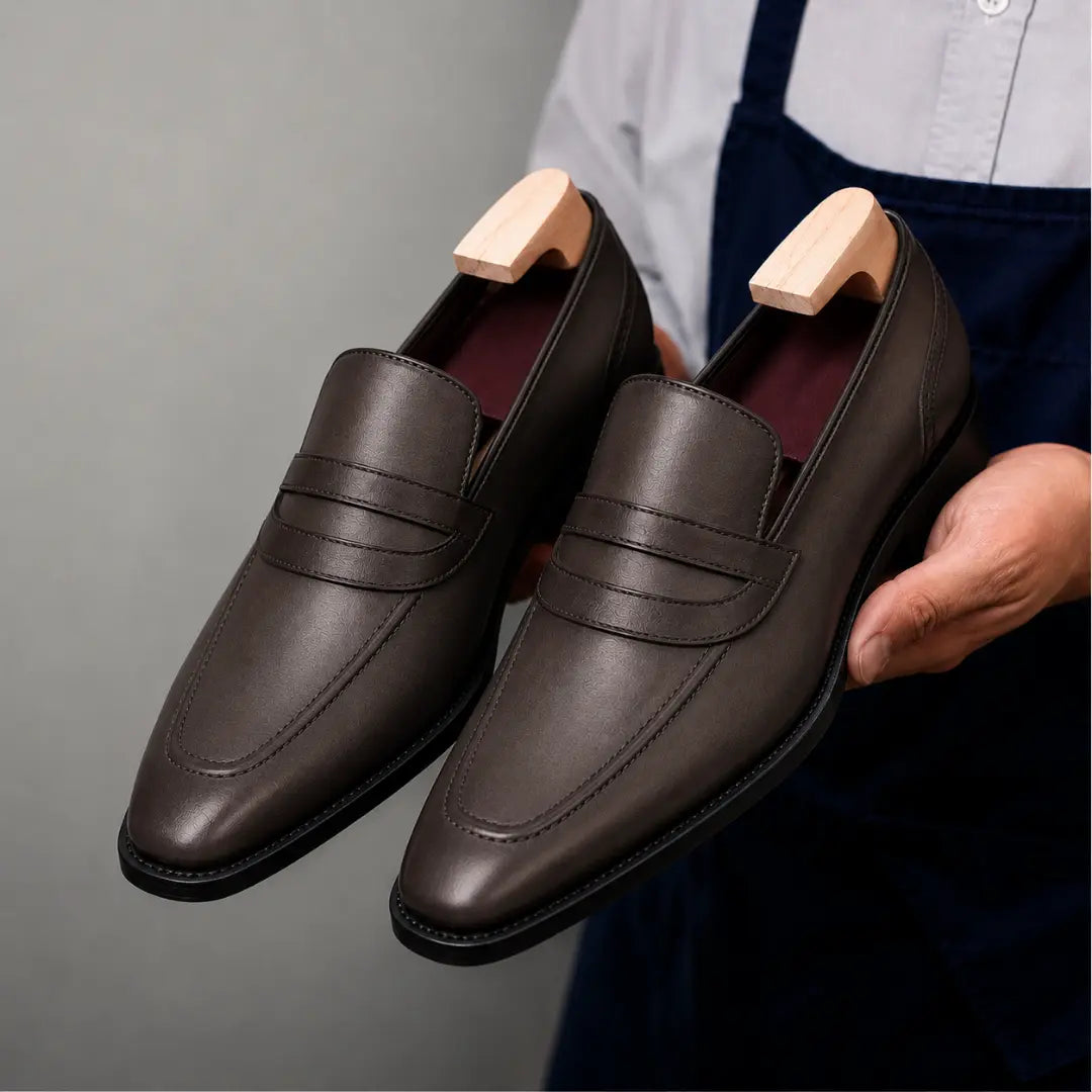 Man holding a pair of Melodiapelle Mirasol Two-Tone Dress Loafer shoes in brown leather, close-up
