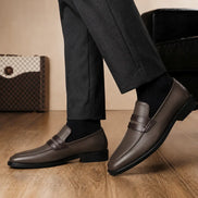 Melodiapelle Mirasol Two-Tone Dress Loafer in brown leather worn with formal trousers, on-feet shot