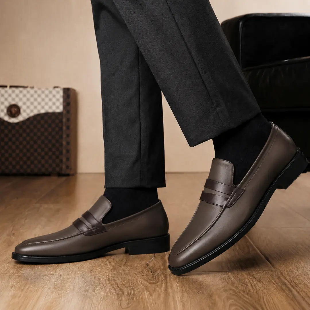 Melodiapelle Mirasol Two-Tone Dress Loafer in brown leather worn with formal trousers, on-feet shot