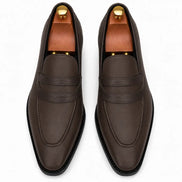 Melodiapelle Mirasol Two-Tone Dress Loafer in brown leather, pair top-down view, handcrafted in Agra