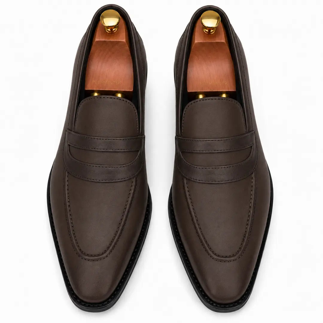 Melodiapelle Mirasol Two-Tone Dress Loafer in brown leather, pair top-down view, handcrafted in Agra