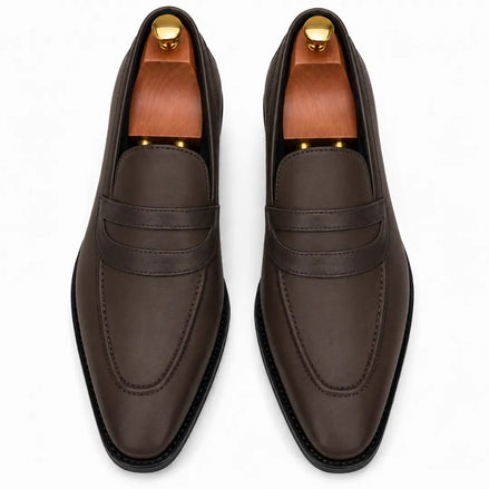 Melodiapelle Mirasol Two-Tone Dress Loafer in brown leather, pair top-down view, handcrafted in Agra