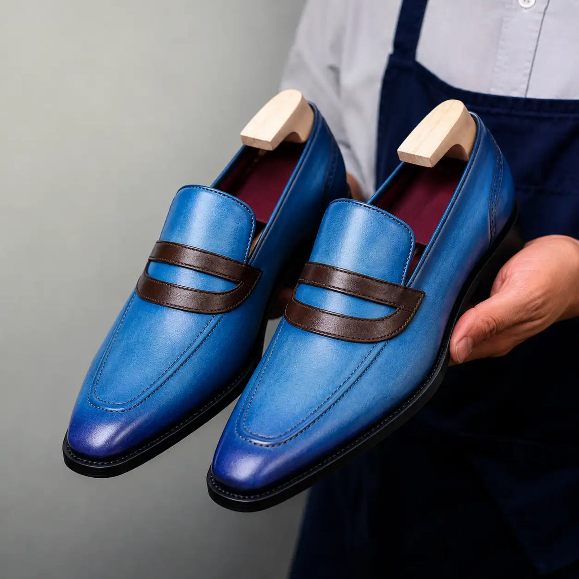 Man holding a pair of Melodiapelle Mirasol Two-Tone Dress Loafer shoes in cobalt blue and burgundy leather, close-up