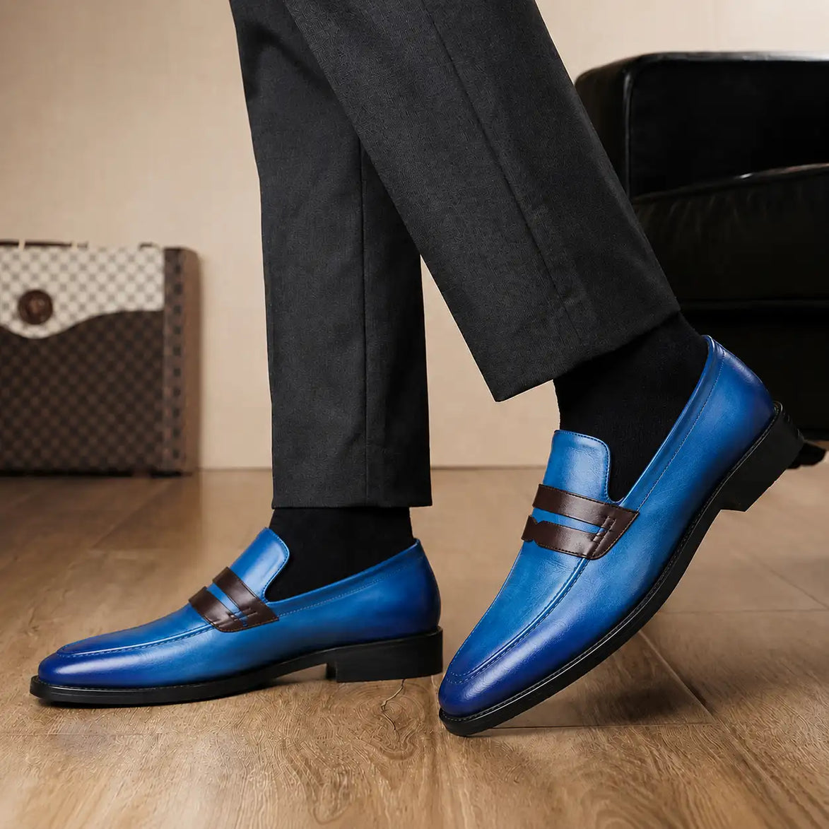 Melodiapelle Mirasol Two-Tone Dress Loafer in cobalt blue and burgundy leather worn with formal trousers, on-feet shot