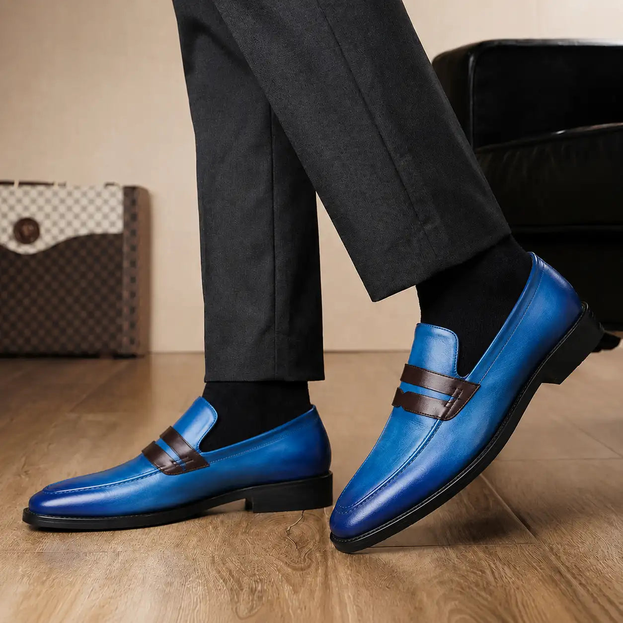 Melodiapelle Mirasol Two-Tone Dress Loafer in cobalt blue and burgundy leather worn with formal trousers, on-feet shot