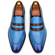Melodiapelle Mirasol Two-Tone Dress Loafer in cobalt blue and burgundy leather, pair top-down view, handcrafted in Agra