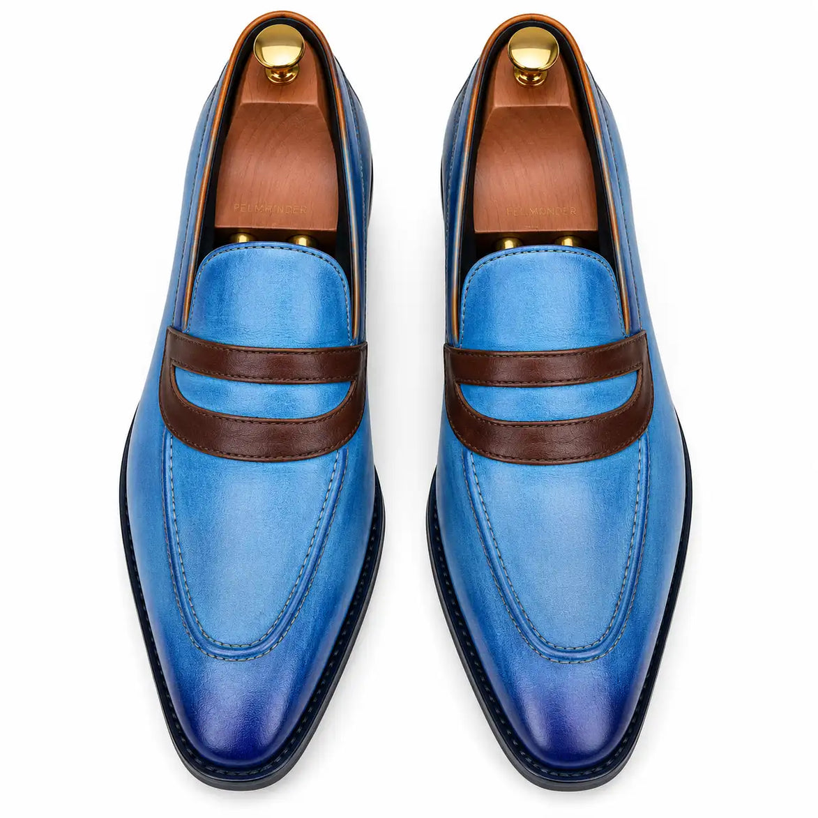 Melodiapelle Mirasol Two-Tone Dress Loafer in cobalt blue and burgundy leather, pair top-down view, handcrafted in Agra