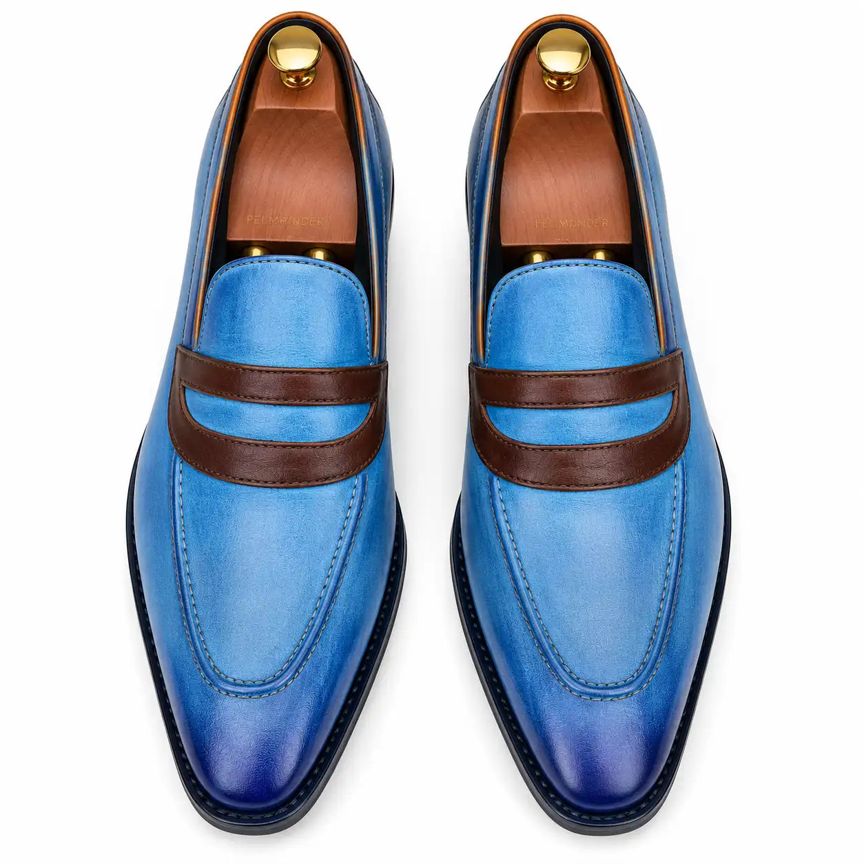 Melodiapelle Mirasol Two-Tone Dress Loafer in cobalt blue and burgundy leather, pair top-down view, handcrafted in Agra