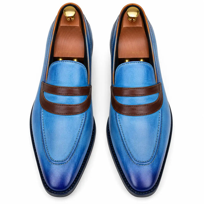 Melodiapelle Mirasol Two-Tone Dress Loafer in cobalt blue and burgundy leather, pair top-down view, handcrafted in Agra