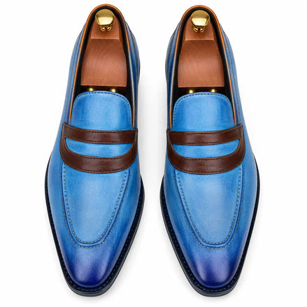 Melodiapelle Mirasol Two-Tone Dress Loafer in cobalt blue and burgundy leather, pair top-down view, handcrafted in Agra