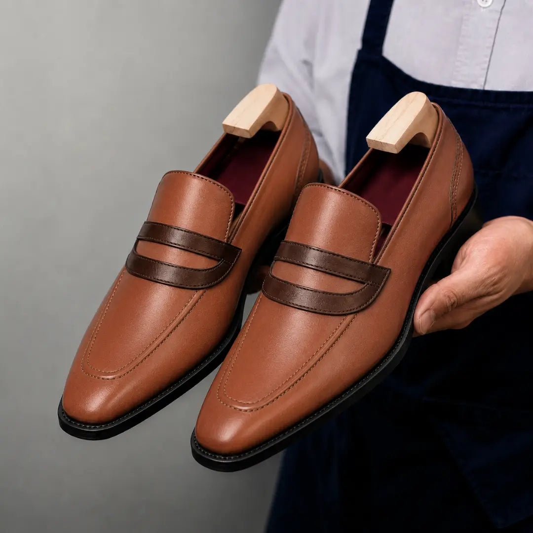 Man holding a pair of Melodiapelle Mirasol Two-Tone Dress Loafer shoes in tan leather, close-up
