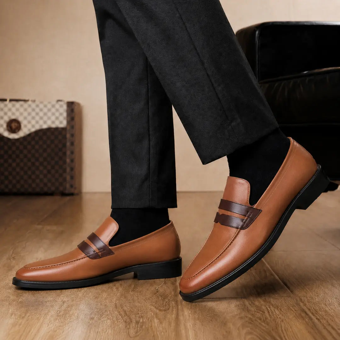 Melodiapelle Mirasol Two-Tone Dress Loafer in tan leather worn with formal trousers, on-feet shot