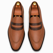 Melodiapelle Mirasol Two-Tone Dress Loafer in tan leather, pair top-down view, handcrafted in Agra