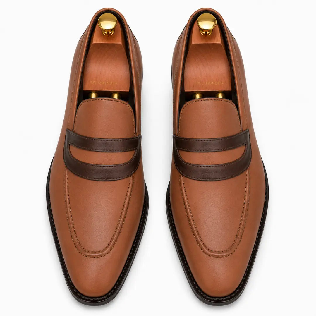 Melodiapelle Mirasol Two-Tone Dress Loafer in tan leather, pair top-down view, handcrafted in Agra