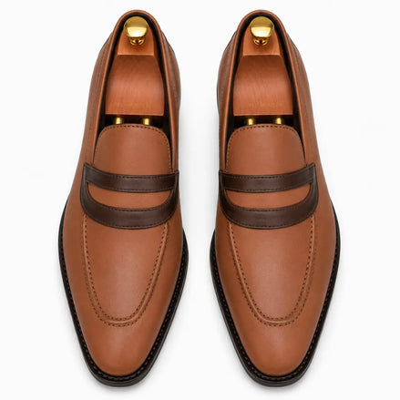 Melodiapelle Mirasol Two-Tone Dress Loafer in tan leather, pair top-down view, handcrafted in Agra