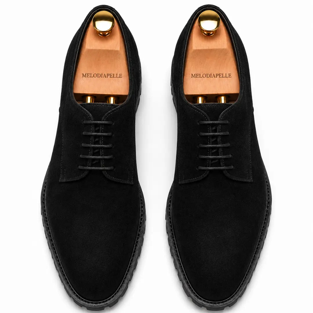 Melodiapelle Mission Classic Derby in black suede, pair top-down view, handcrafted in Agra