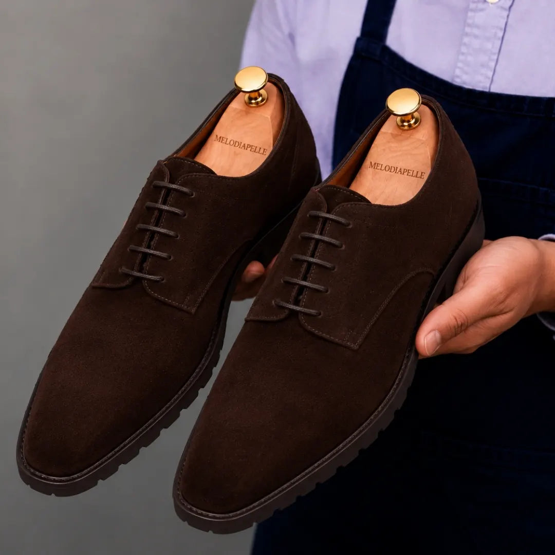 Man holding a pair of Melodiapelle Mission Classic Derby shoes in dark brown suede, close-up