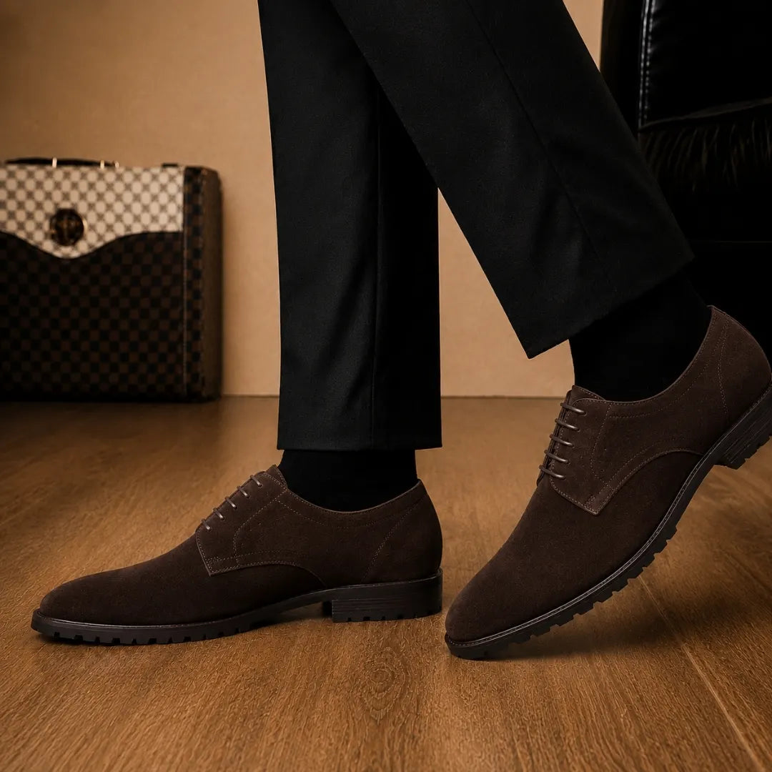Melodiapelle Mission Classic Derby in dark brown suede worn with formal trousers, on-feet shot