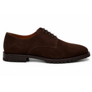 Side profile of the Mission Classic Derby in dark brown suede on white background
