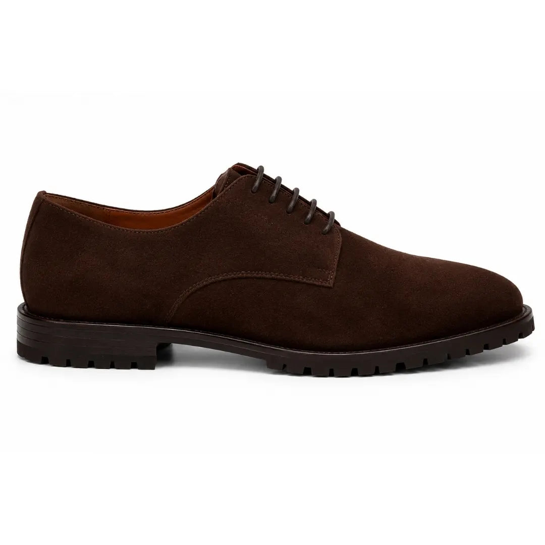 Side profile of the Mission Classic Derby in dark brown suede on white background