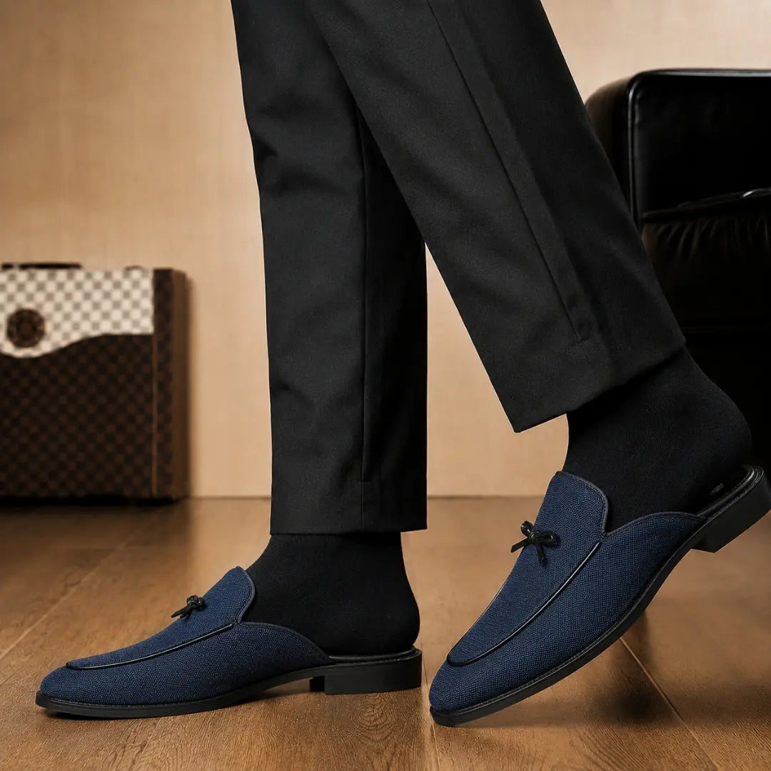 Melodiapelle Missoni Mule in navy textured suede worn with formal trousers, on-feet shot
