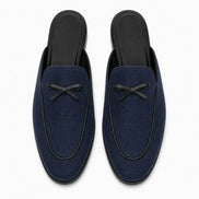 Melodiapelle Missoni Mule in navy textured suede with bow detail, pair top-down view, handcrafted in Agra