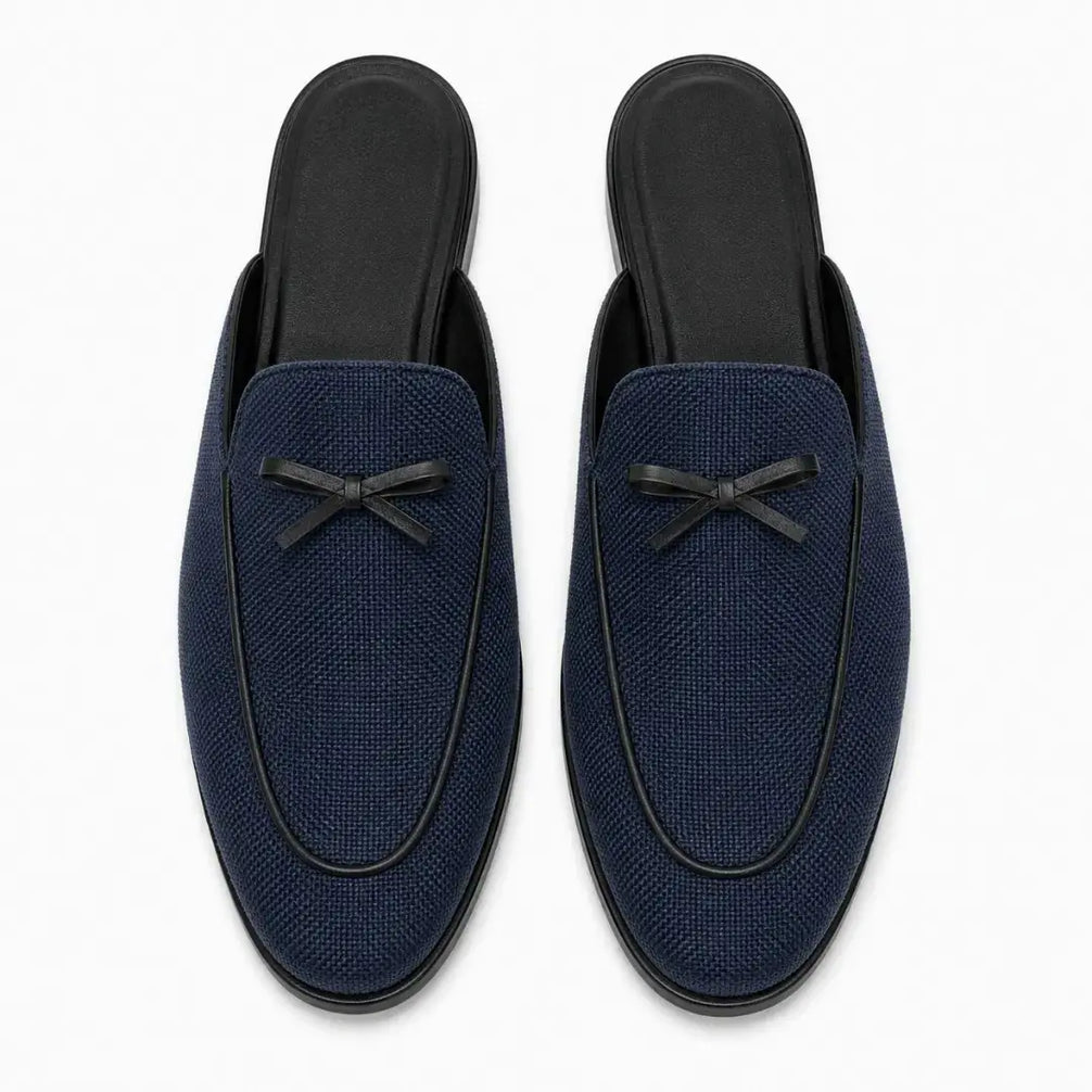 Melodiapelle Missoni Mule in navy textured suede with bow detail, pair top-down view, handcrafted in Agra