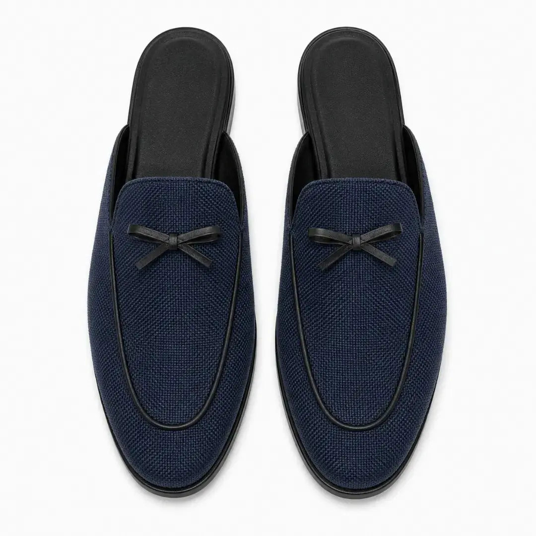 Melodiapelle Missoni Mule in navy textured suede with bow detail, pair top-down view, handcrafted in Agra