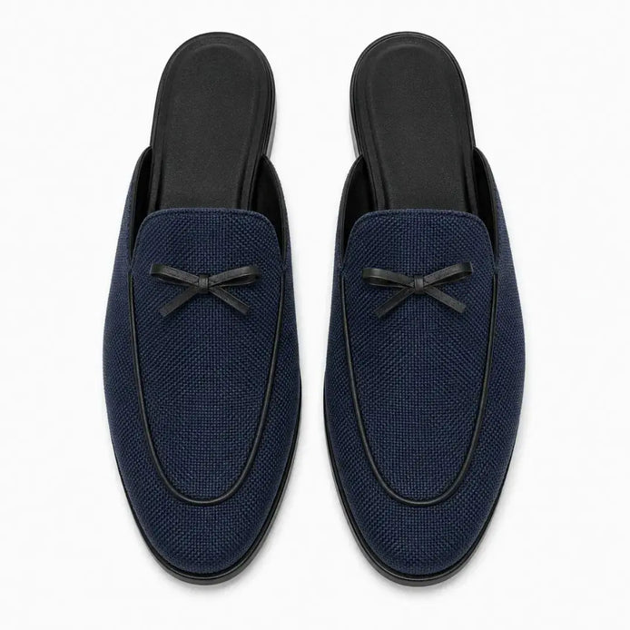 Melodiapelle Missoni Mule in navy textured suede with bow detail, pair top-down view, handcrafted in Agra