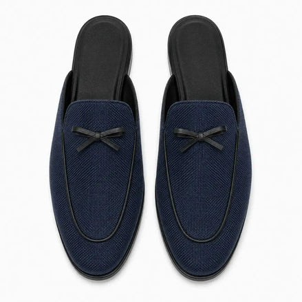 Melodiapelle Missoni Mule in navy textured suede with bow detail, pair top-down view, handcrafted in Agra
