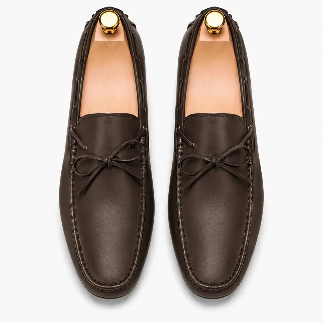 Melodiapelle Missouri Loafer in dark brown leather, pair top-down view, handcrafted in Agra